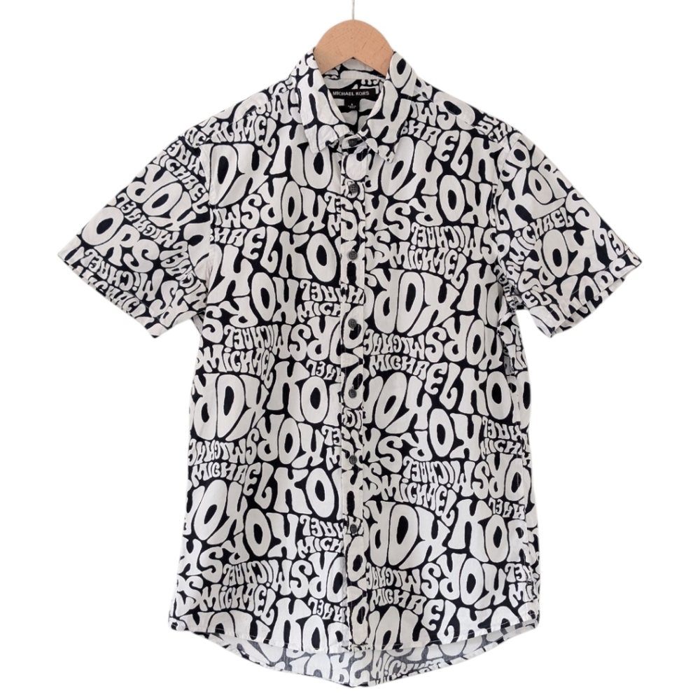 Michael Kors Graffiti Print Logo Short Sleeve Button Down Shirt Small